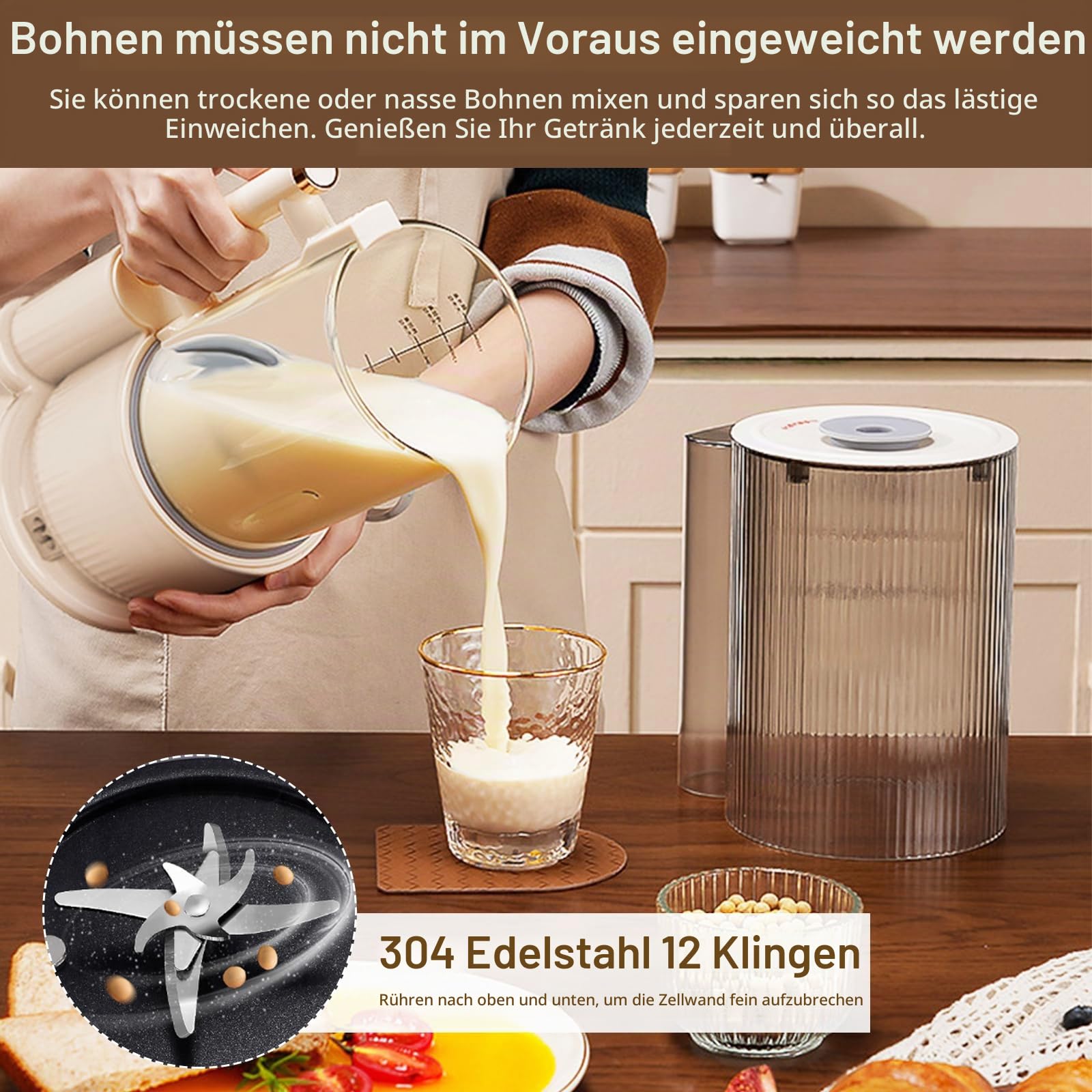 Nussmilchmaschine, Wandbrechender Maschine 1500 ml Automatische Sojamilch Maschine Smoothie und Saftmaschine mit Reinigungsfunktion Reservierung Funktion Pflanzenmilchbereiter mit 12 Klingen