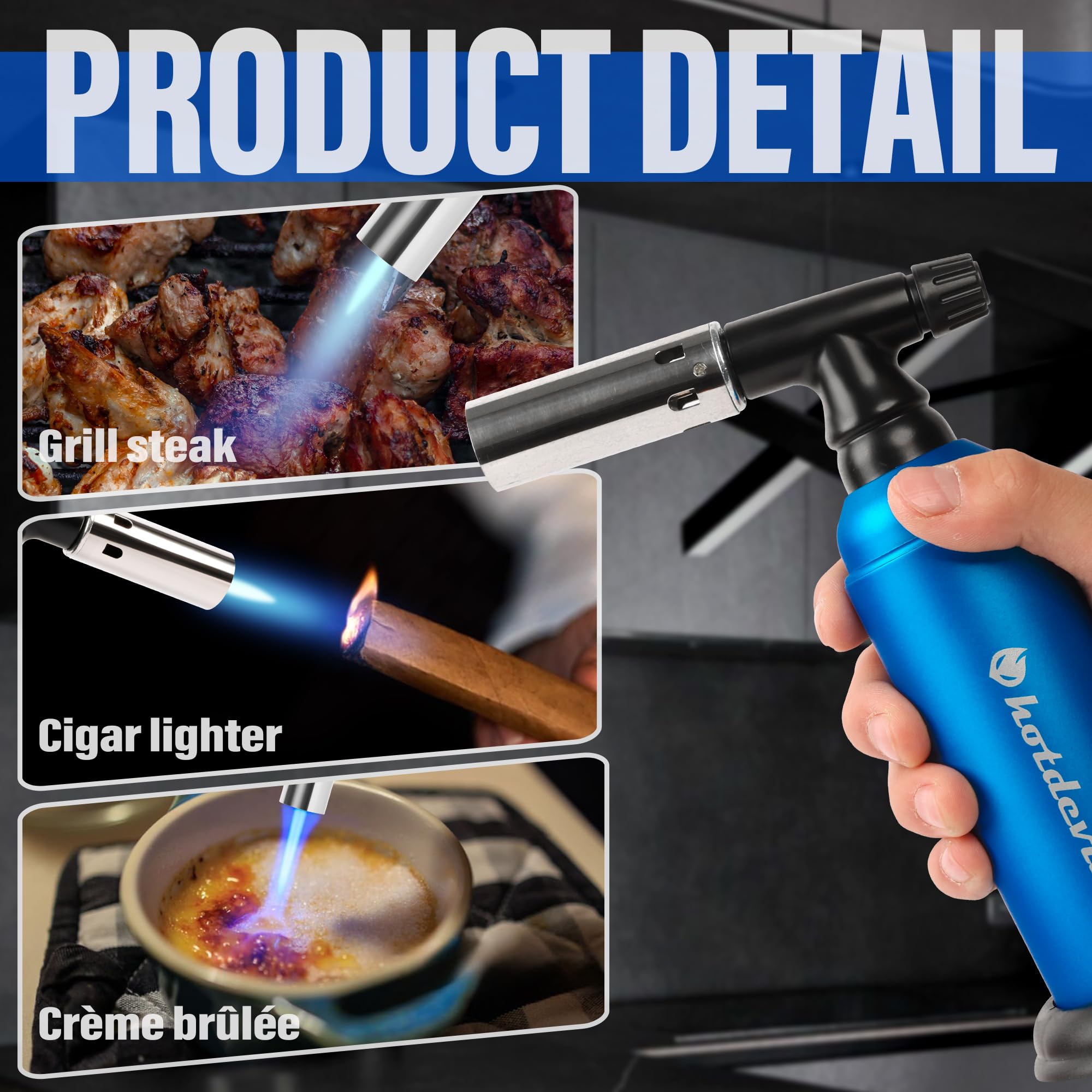 Hotdevil Antorcha de butano grande de 20 g, recargable, industrial, ajustable, llama única, soplete de cocina, encendedor con bloqueo de seguridad para soldar, hornear, soldar, manualidades (gas