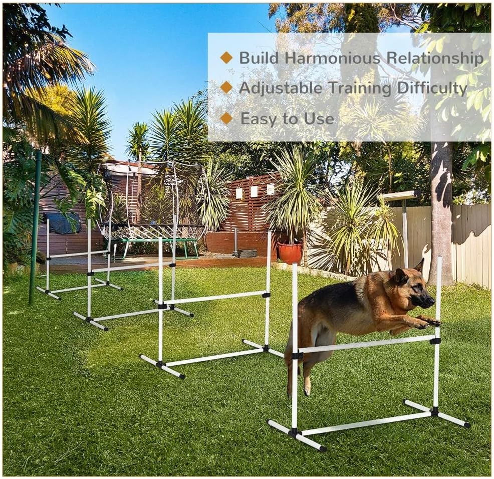 anwickjeff 4 Piece Dog Agility Training Equipment with Adjustable Height Jump Bars, Included Carry Bag, & Displacing Top Bar, Advanced Obstacle Courses for Dog Backyard Competitive (White, 4 Piece)