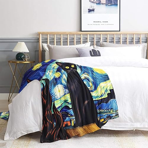 Miniatura 3 de Divertida manta de forro polar con diseño de gato negro de noche estrellada para sofá, cama, sofá, divertidas mantas y mantas estampadas, manta de