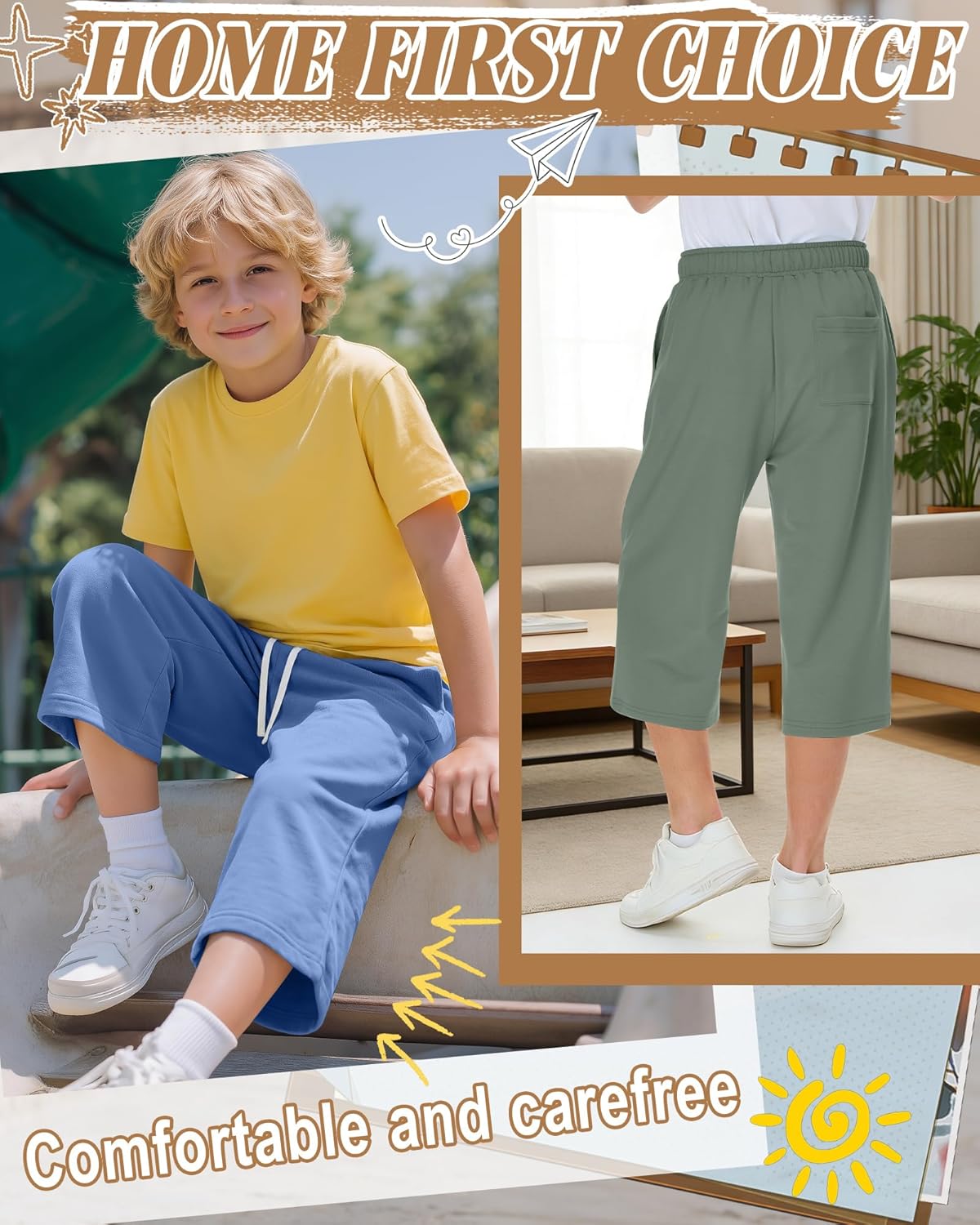 3 Pack Boys Capri Pants 3/4 Wide Leg Drawstring Lightweight Cropped Sweatpants with Pockets Kids 6-16 Years