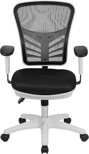 Miniatura 7 de Flash Furniture Nicholas - Silla de oficina ejecutiva, ergonómica y giratoria, multifuncional, malla negra con brazos ajustables y estructura blanca