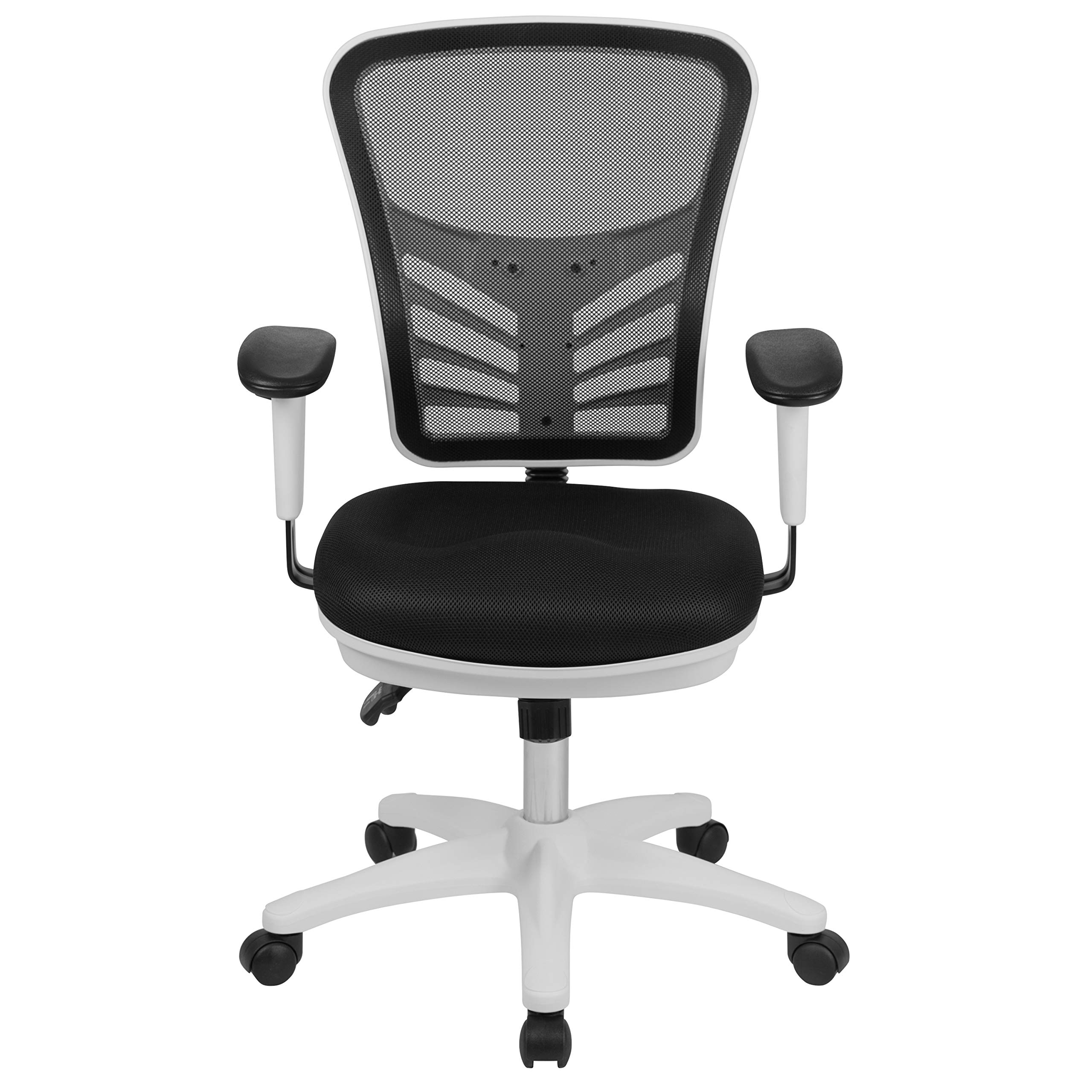 Flash Furniture Mid-Back Black Mesh Multifunction Executive Swivel Ergonomic Office Chair with Adjustable Arms and White Frame