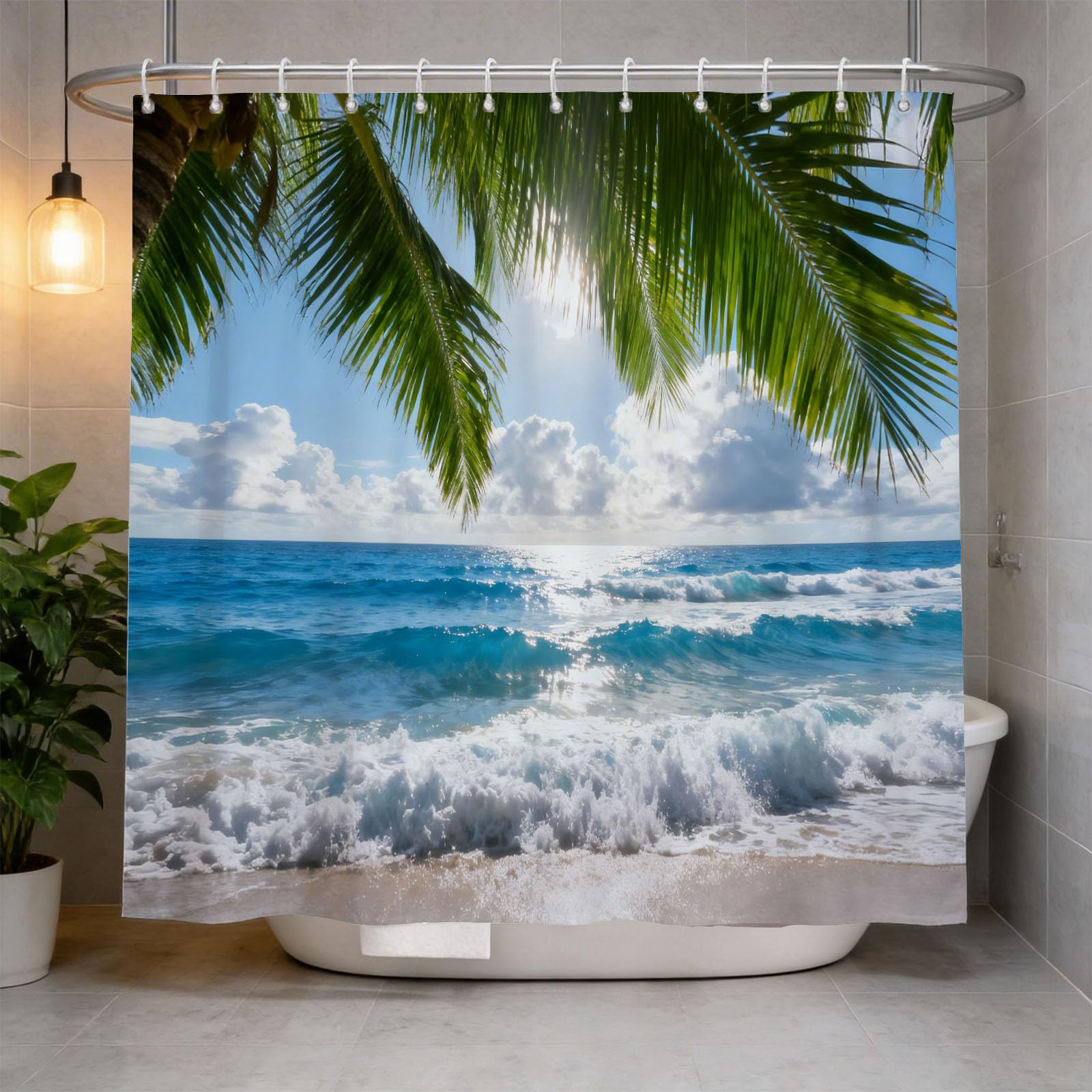 Hongduo 3D Palm Beach Shower Curtain for Stalls Bathtubs Seascape Bathroom Decor Shower Curtain Set Polyester Fabric Waterproof 200x200cm/79X79 Inch with Hooks
