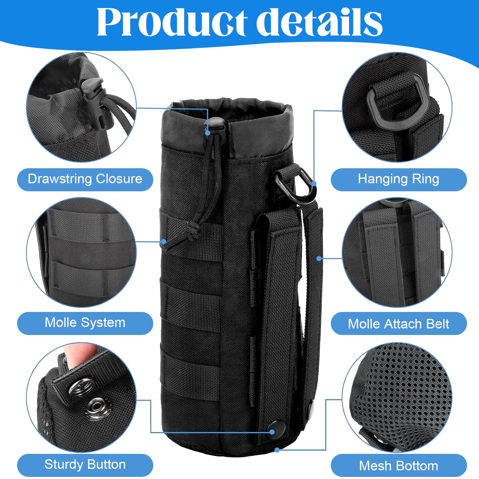 2 Pezzi Portabottiglie Molle, Borsa Portabottiglie Sportiva Molle Nylon 1000D con Coulisse Parte Superiore in Rete Fondo Pratico Portabicchieri Molle per Campeggio all'Aperto (Nero