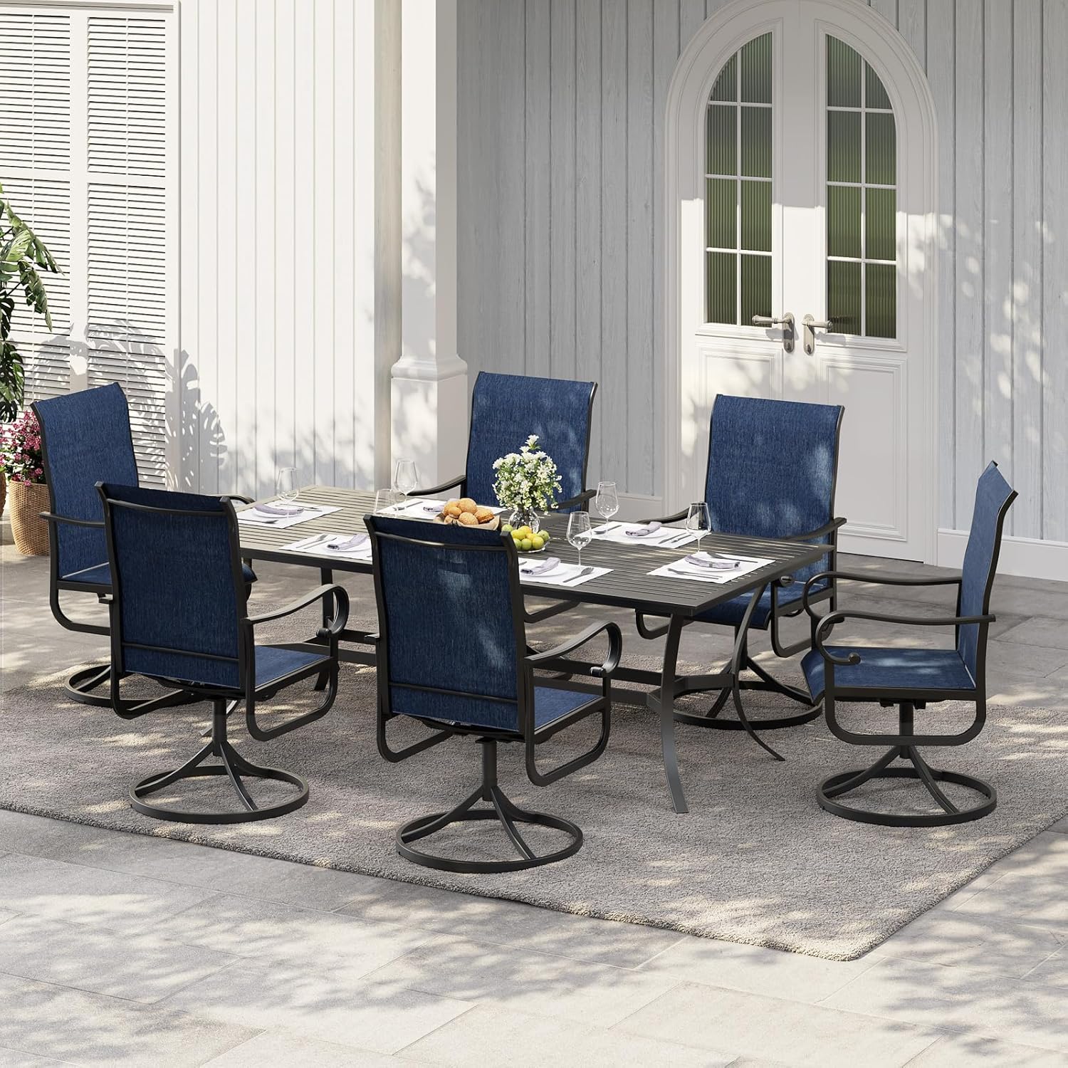 Patio 360°Swivel Chairs Set of 2，Outdoor Rocking Dining Chairs with All-Weather Textilene Fabric, Deck Rocker Seat with High Back for Backyard, Poolside, Lawn, Porch or Garden, Navy Blue