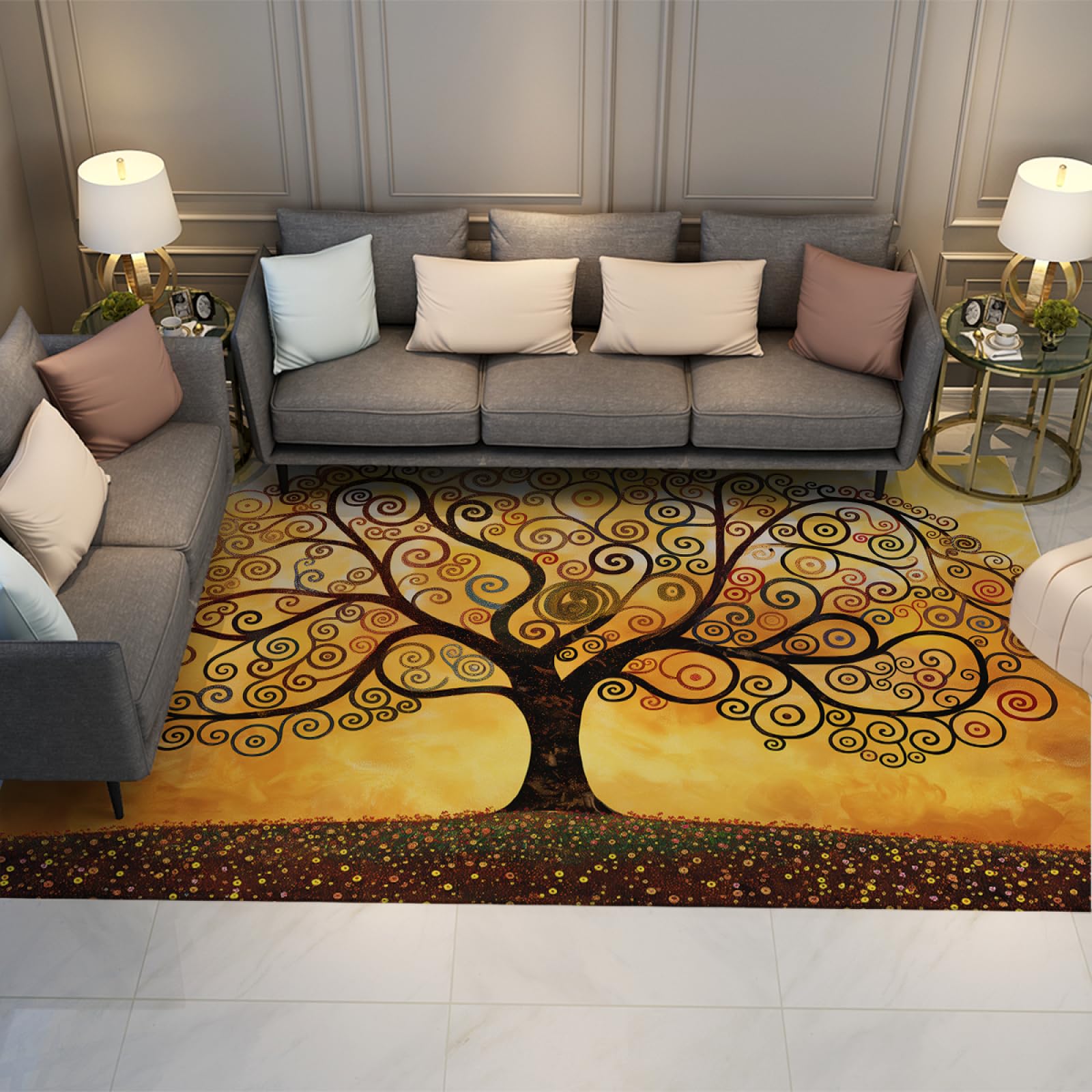 Tapis Gustav Klimt haut de gamme Arbre de Vie doré 150x210cm artistique