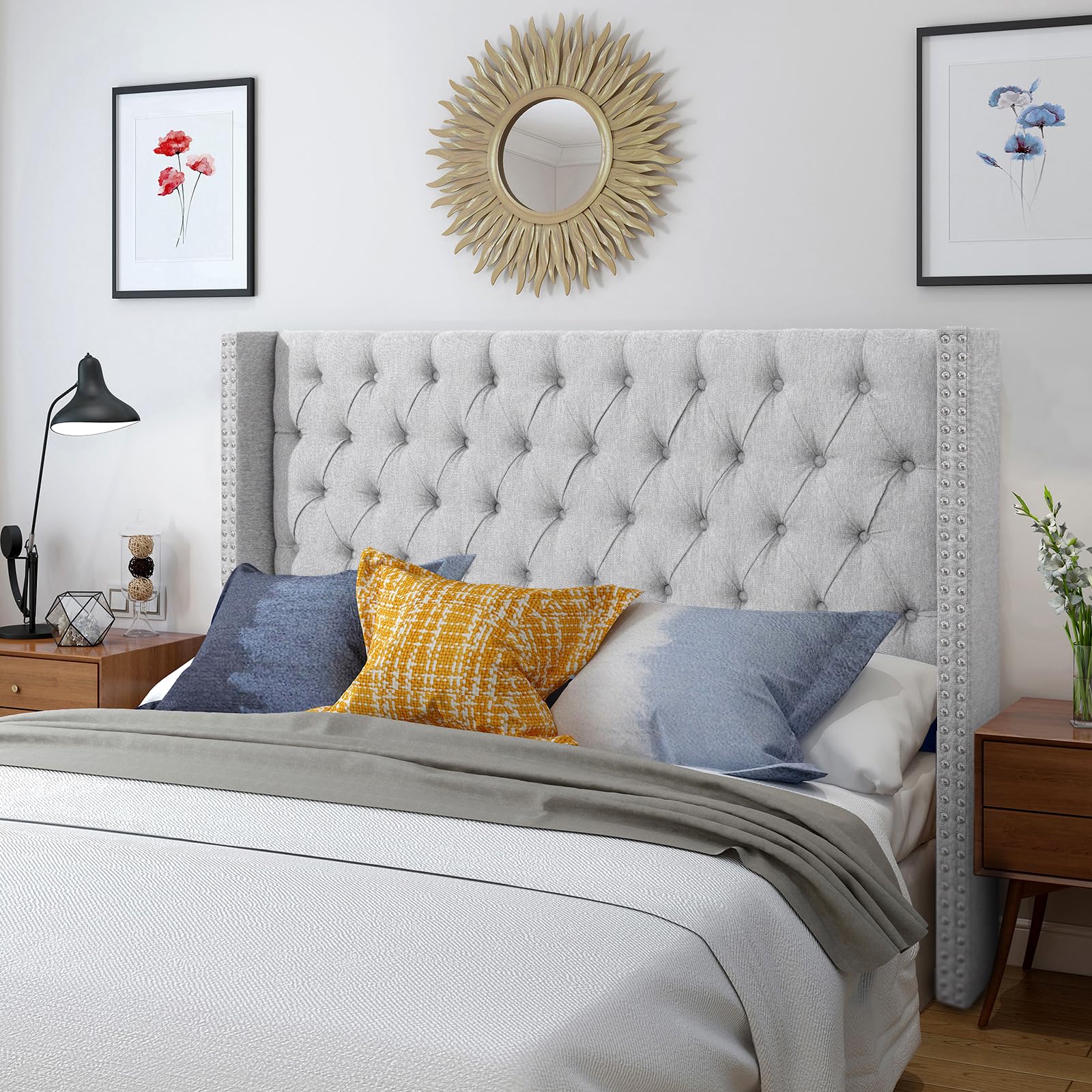 Lucky Monet Linen Upholstered Headboard Queen Size (Headboard Only), Nail Head Trim Wingback Tufted Button Headboard Luxury Soft Padded Head Board