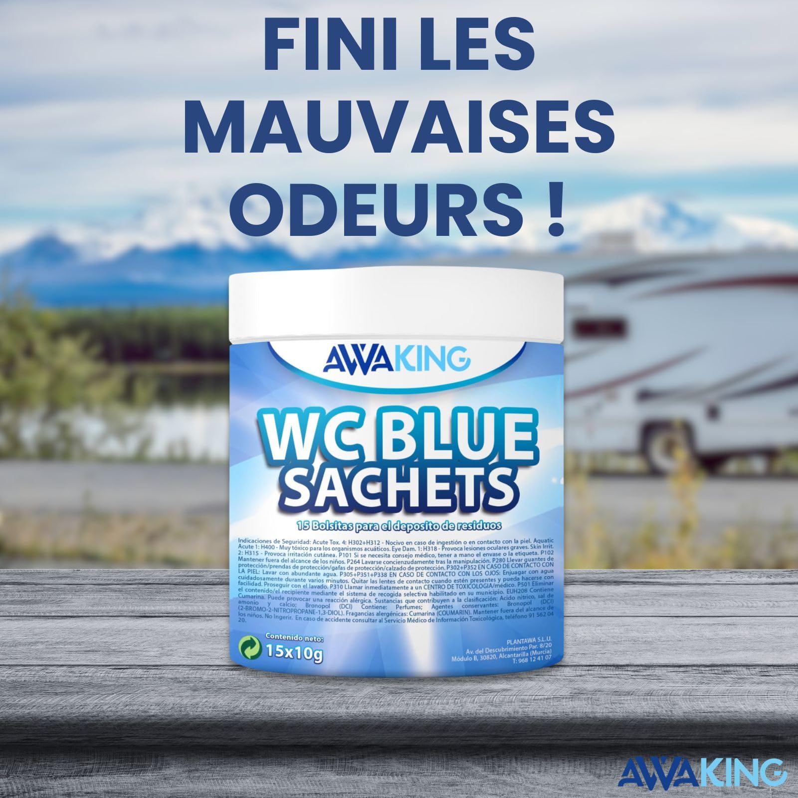 AWAKING Pastilles WC Chimique Pour Camping-Car 15 Blue Sachets | Nettoyage en profondeur et désodorise. Formule concentrée et arôme frais, réservoir d'eau noire, caravane, camping-car