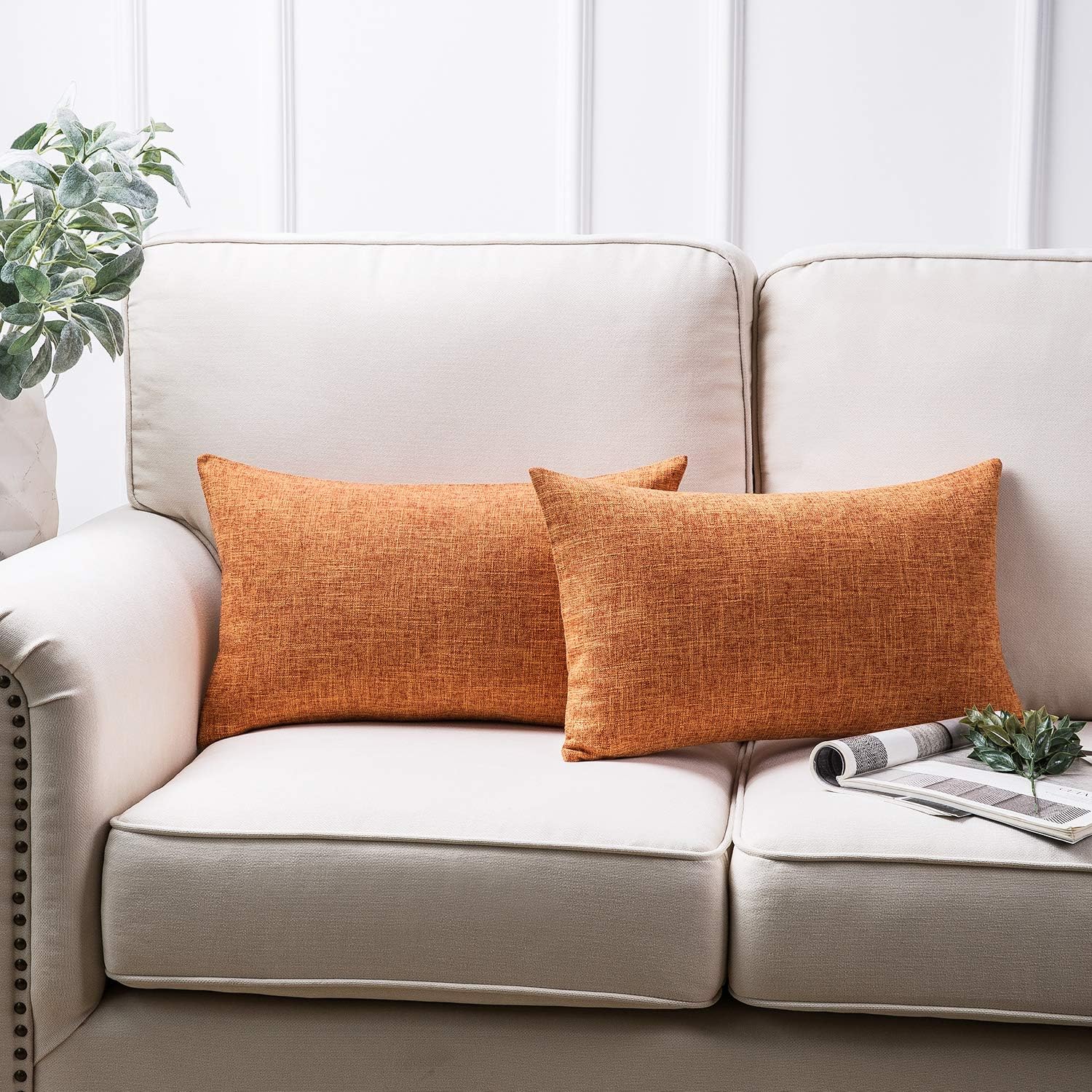 Phantoscope Throw Pillow Cover Textured Faux Linen Series Decorative Cushion Covers for Home Decor Sofa Pack of 2, Orange 12 x 20 inches 30 x 50 cm