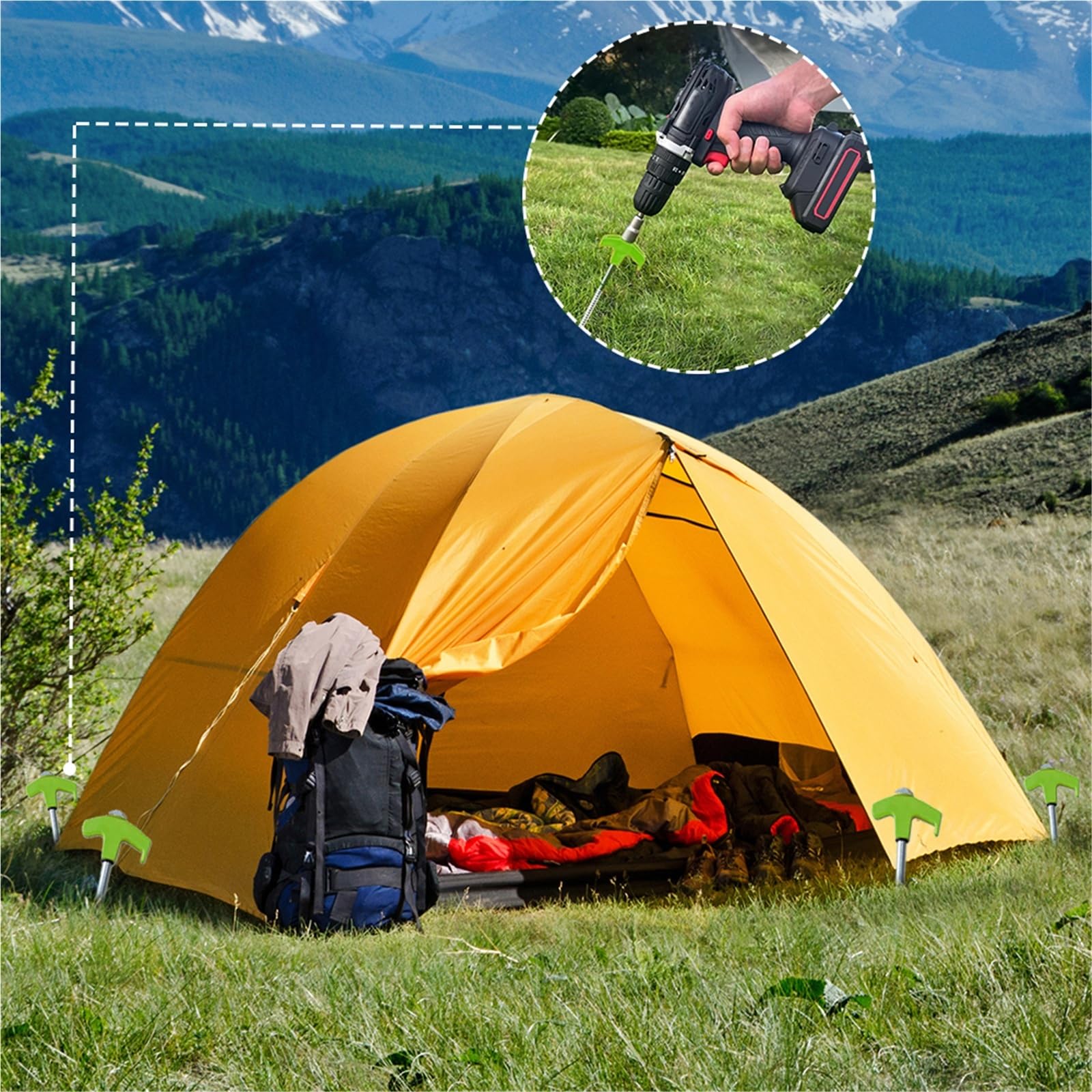 Piquetas Camping 8Pcs Camping Pegs Drill In with Hex Socket Heavy Duty Spiral Screw Stakes Tent Ground Nail(Green)