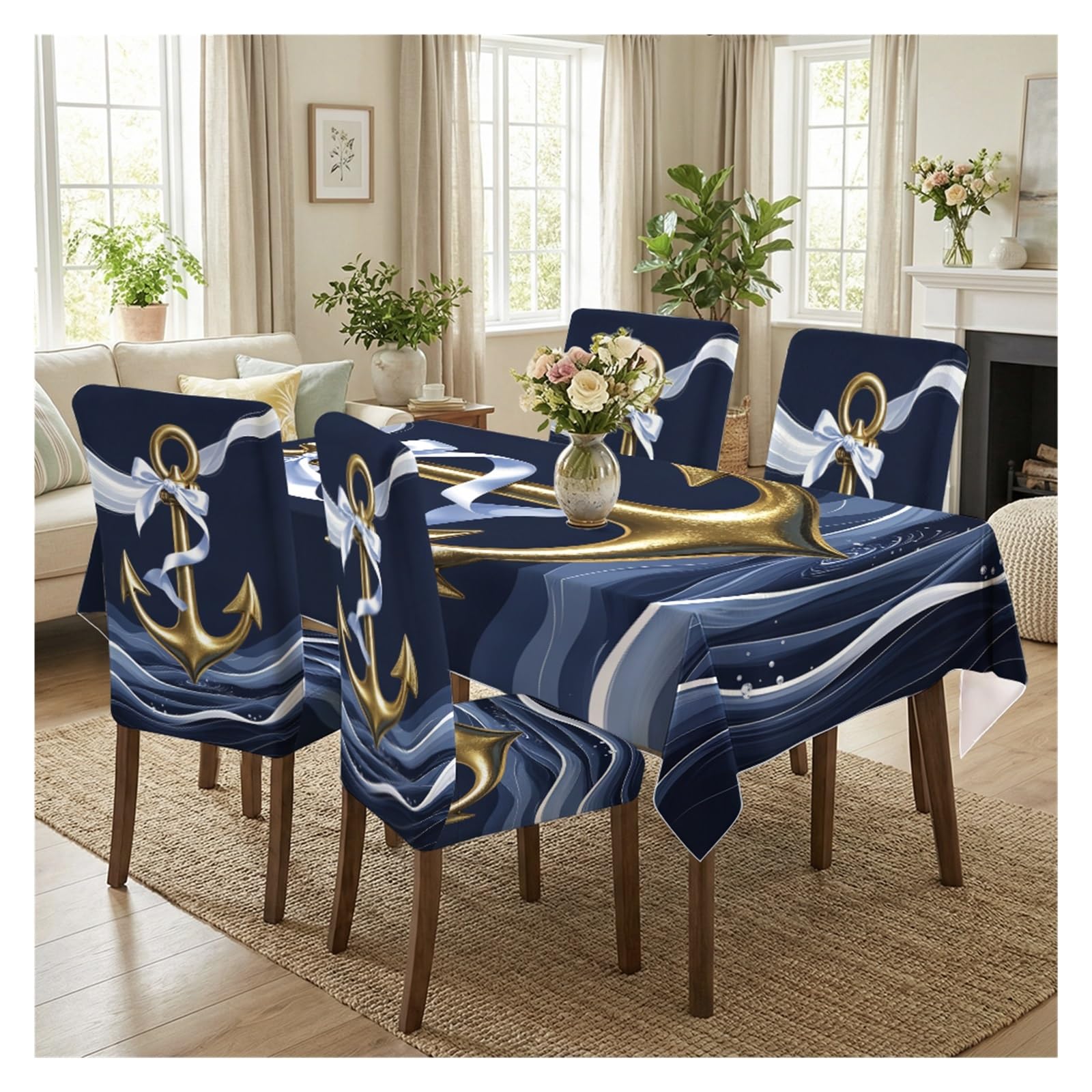 BOSUYBN Golden Anchor Bow Navy Wave Dining Chair Covers & Tablecloth Set, 5/7 Piece Classic Nautical Slipcovers For Preppy Coastal Home Decor Table Setting(5pcs Set: Tablecloth+Chair Covers)