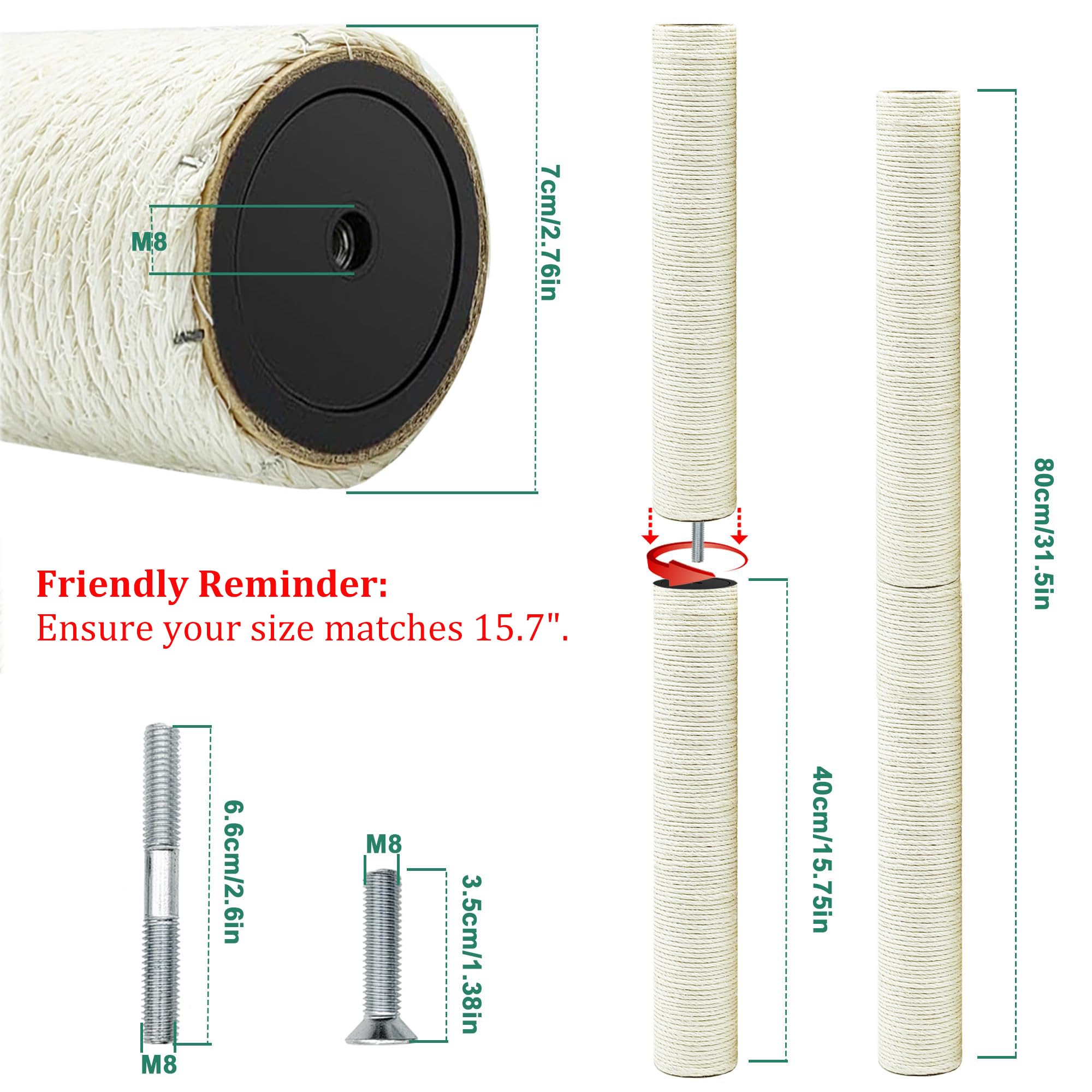Lot de 2 poteaux de Rechange pour Arbre à Chat de 30 cm, en sisal Naturel avec vis M8, griffoir de Rechange pour Chat (30 cm)