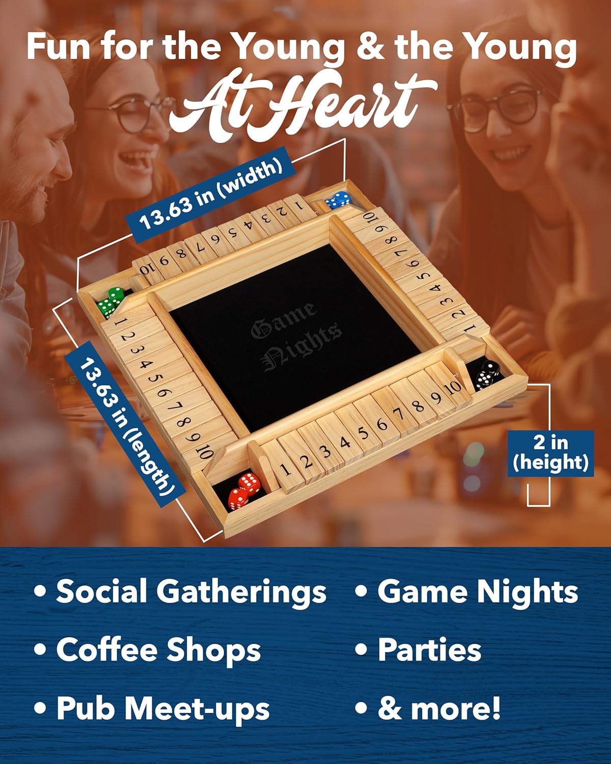 WE Games Wooden Shut the Box Game 4 Player - 10 Number Tiles & 8 Dice - Large 14-Inch, Natural Wood Finish