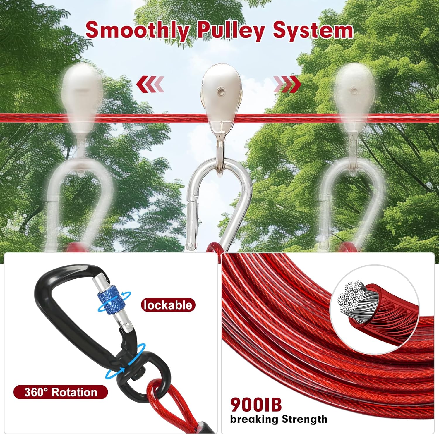 Dog Runner for Yard, Anti-Shock Aerial Trolley System 100FT, Heavy-Duty Dog Run Cable with Bungee for Small and Large Breeds, Pet Run and Zip Line for Backyards