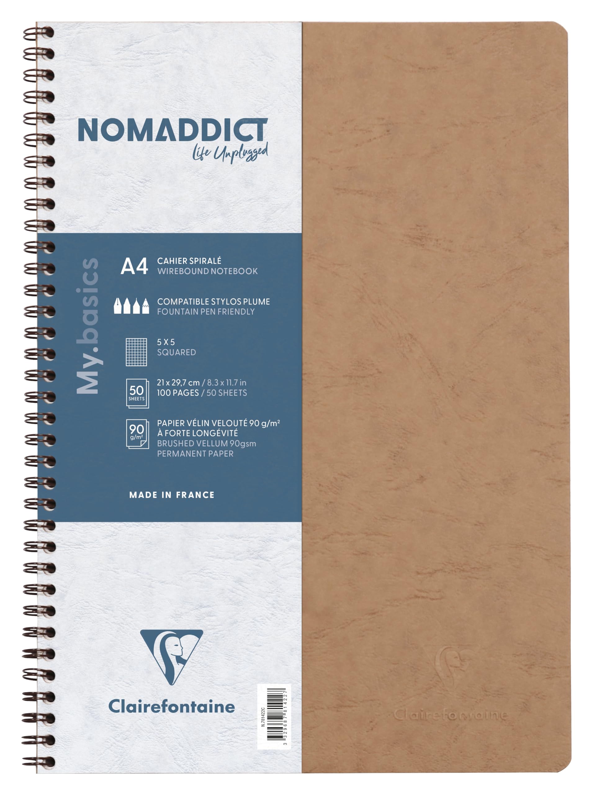 Clairefontaine 781422C Age Bag Collection Tobacco Spiral Notebook - A4 21x29.7 cm - 100 Small Square Pages - White Paper 90 g - Glossy Card Cover Leather Grain