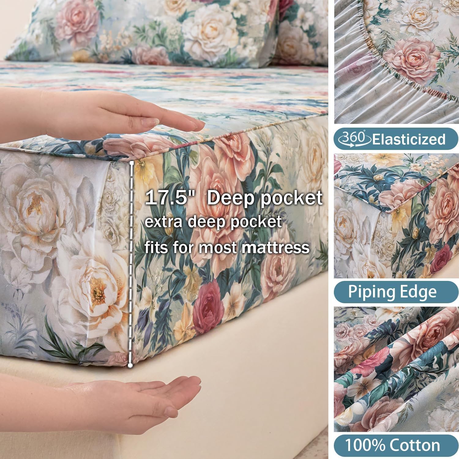 Blue Floral Bed Sheets Set 100% Cotton Percale Sheets Queen Size Shabby Vintage Chic Peony Patterned Sheets, Soft & Breathable Cottagecore Bedding, Deep Pocket Fitted Sheet 4 Pcs