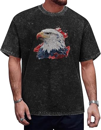 Mens Cotton T-Shirts Summer Trendy Oversized Graphic Tee Unisex Vintage Washed Shirts Cool Eagle Print Tops