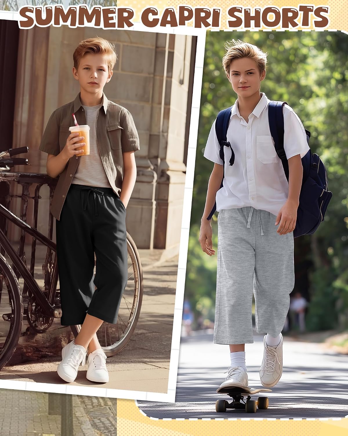 Oakgarden 3 Pack Boys Capri Pants 3/4 Cropped Athletic Sweatpants, Loose Fit Summer Pants with Pockets for Kids Ages 5-14