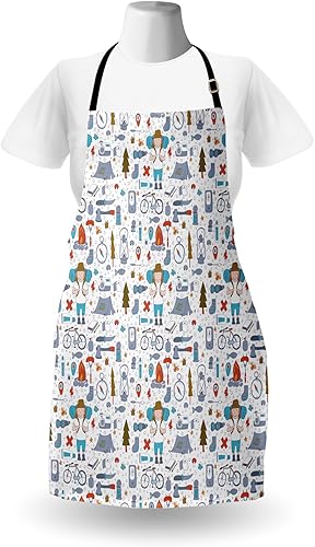 Miniatura 6 de Lunarable Funky Delantal, náutico submarino con líneas de peces y arrecife de coral oceánico, babero de cocina unisex con cuello ajustable para