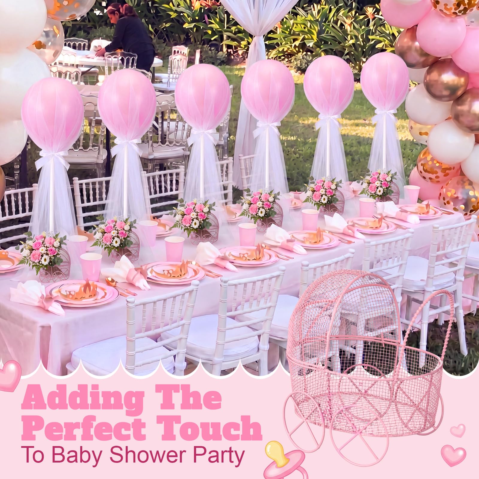 Set di 6 centrotavola rosa per baby shower, decorazioni da tavolo a palloncino a tutù, carrozze, supporti per palloncini per compleanno, sesso, rivelazione, battesimo, festa di nozze