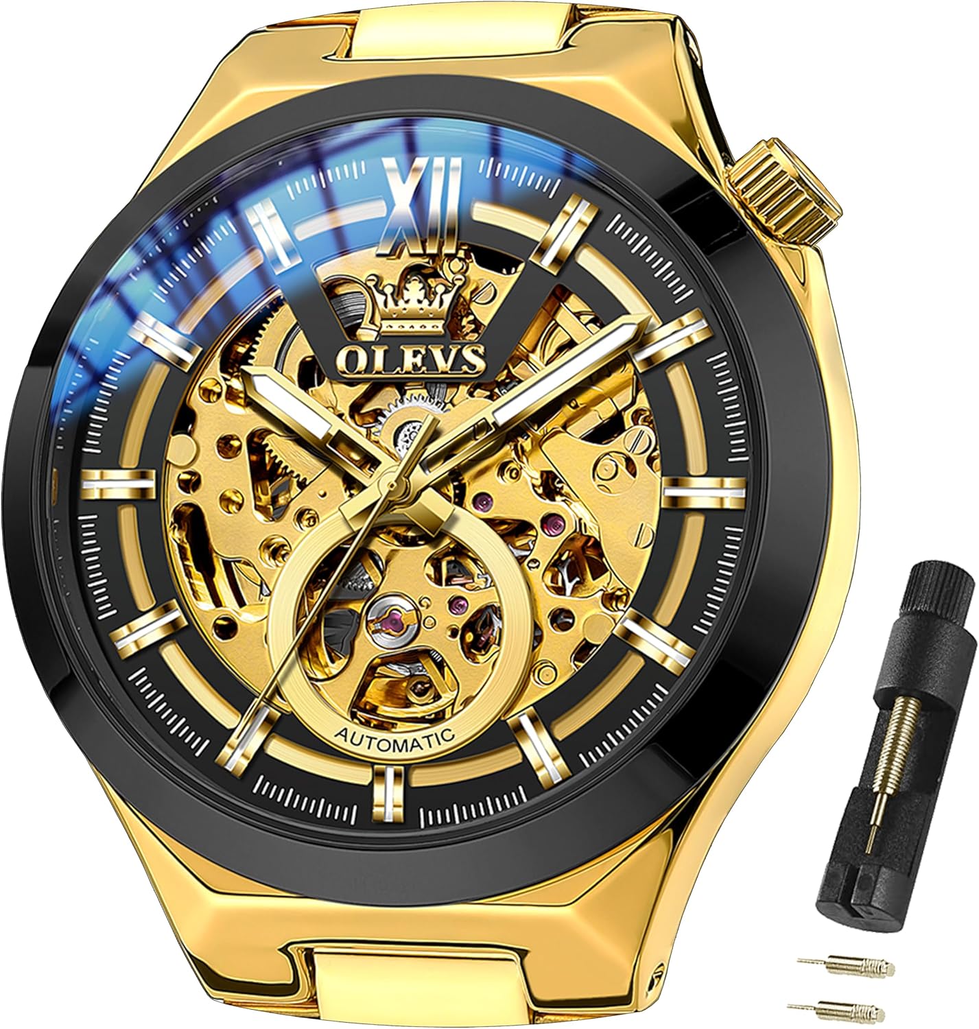 OLEVS Mens Skeleton Watches Automatic Self Winding Mechanical Designer Luxury Dress Stainless Steel Waterproof Original Wrist Watches for Men