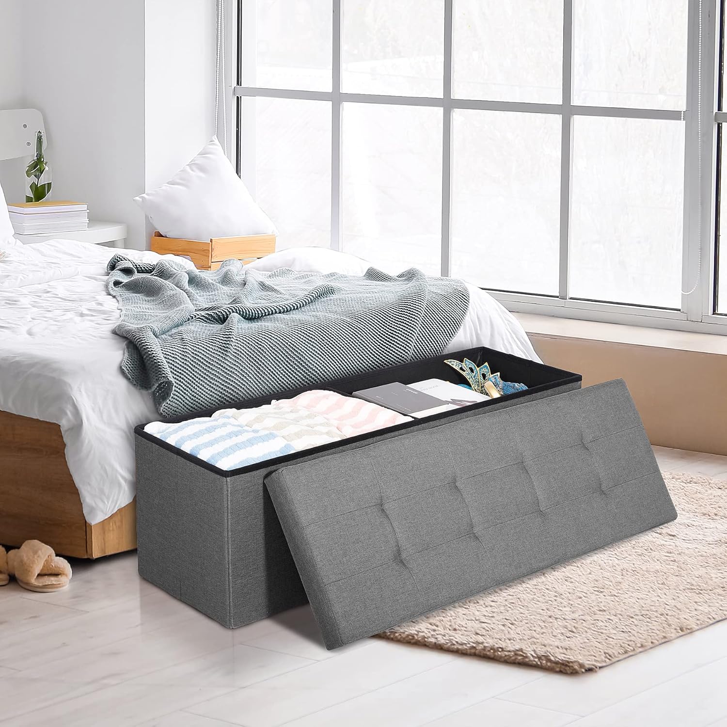 SUPER DEAL 43 Inches Folding Storage Ottoman Bench, Foot Rest with Divider Foam Padded Seat Large Storage Chest Long Box for Living Room Bedroom Entryway, 660 lbs Capacity, Light Grey