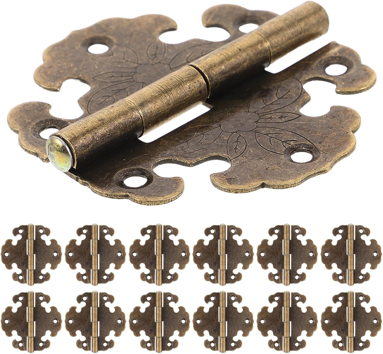 NUOBESTY 20pcs Vintage Bronze Mini Hinges for Wooden Boxes and Cabinets, Antique Decorative Furniture Metal Hinges with Flower Engraving, Suitable for Jewelry Boxes and Wardrobe Hardware