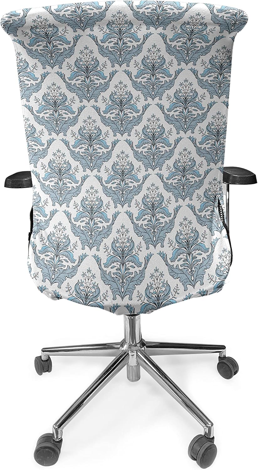Ambesonne Winter Office Chair Cover, Damask Inspired Classical Flowers Botanical Old Fashioned Foliage Motifs, Stretchable Decorative Universal Size High Back Printed Slipcover, Blue White