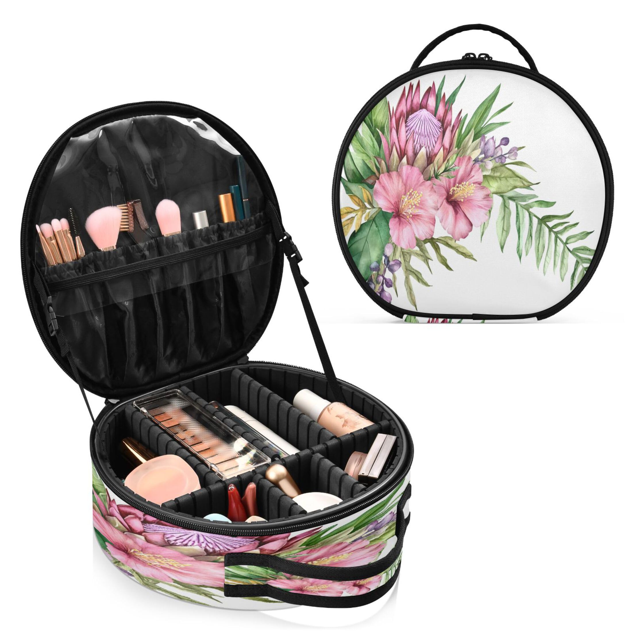 Takiito Tropical Bouquet Plants Travel Makeup Case Portable Makeup Box Artist Cosmetic Case Organizer With Adjustable Dividers