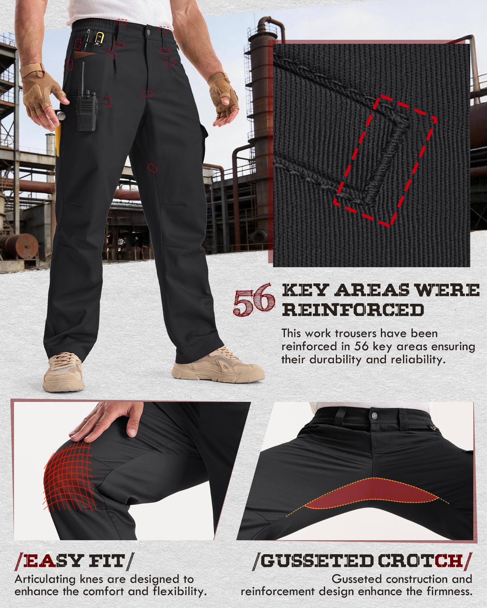 IGOLUMON Pantalones de trabajo hombre con 13 bolsillos, pantalón cargo ligero para hombre, pantalón táctico con cintura elástica, reforzado para jardinería, senderismo y viajes - 4