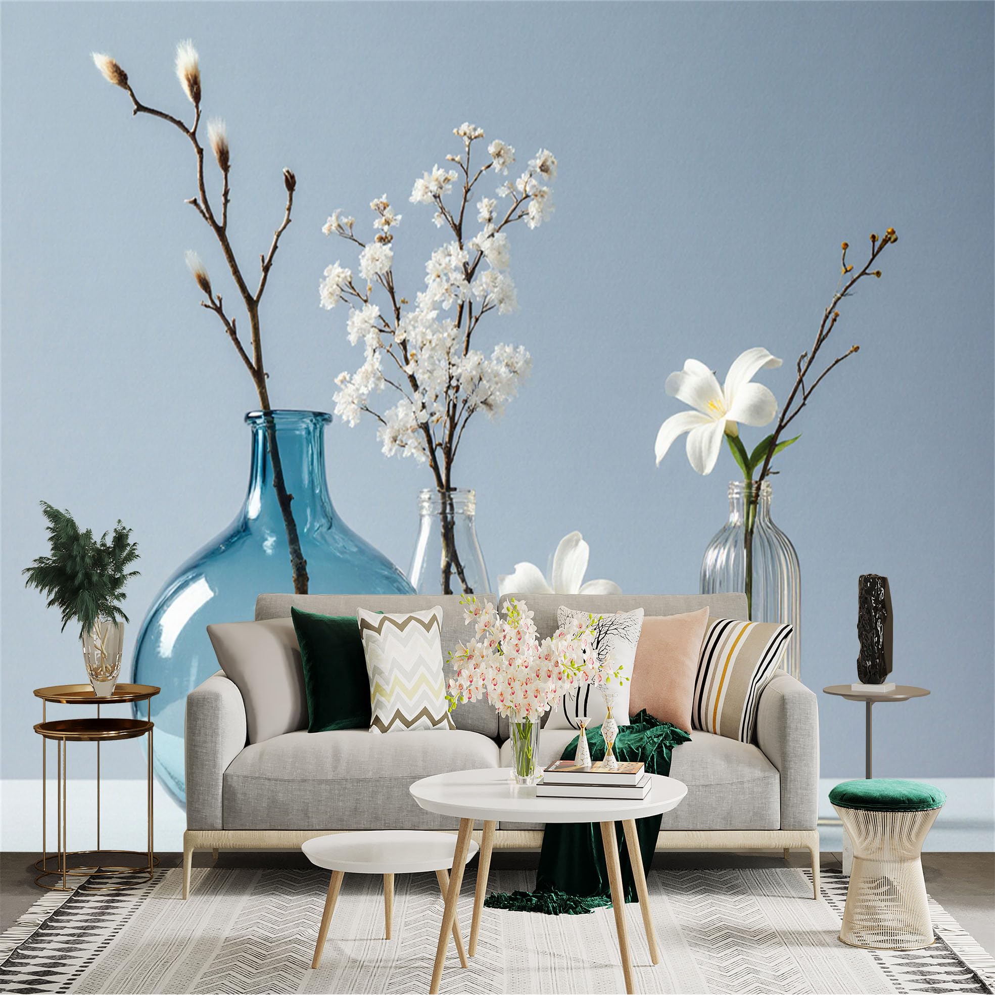 Custom Size Wall Sticker Mural， Elegant Blue Glass Vases， White Flowers， Minimalist Spring Still Life， for wall Decoration， peelandstick wall Decals.