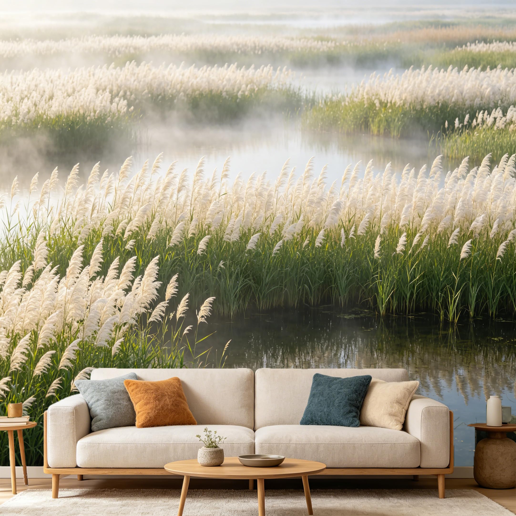 Custom Size Wall Mural Misty Wetland Reeds Landscape Botanical Nature Scenery Lake Morning Fog SelfAdhesive Art Prints wall Fabric（No PVC） Removable Wallpaper Home Bedroom Decor