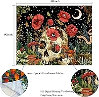 Vista 5 de kampdream Tapiz floral de calavera, esqueleto, hongo, gótico, jardín, tapices estéticos para dormitorio, 60 x 80 pulgadas