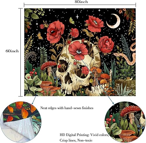 Miniatura 5 de kampdream Tapiz floral de calavera, esqueleto, hongo, gótico, jardín, tapices estéticos para dormitorio, 60 x 80 pulgadas