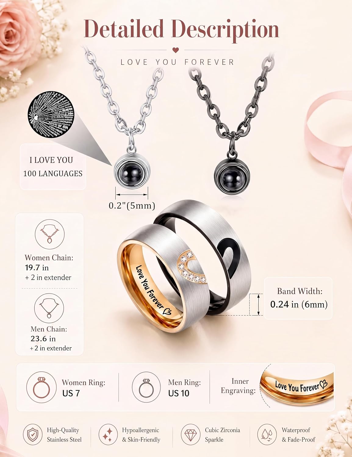 ZELORES Matching Necklaces For Couples Pendant Necklace For Women Men Matching Promise Rings Pendant Set Stainless Steel Couple Necklace For Him And Her Anniversary Valentine's Day Jewelry Gift