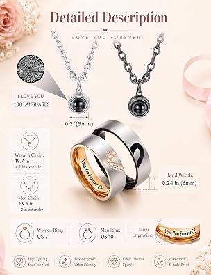 Matching Necklaces For Couples, Promise Rings Pendant Set for Him and Her