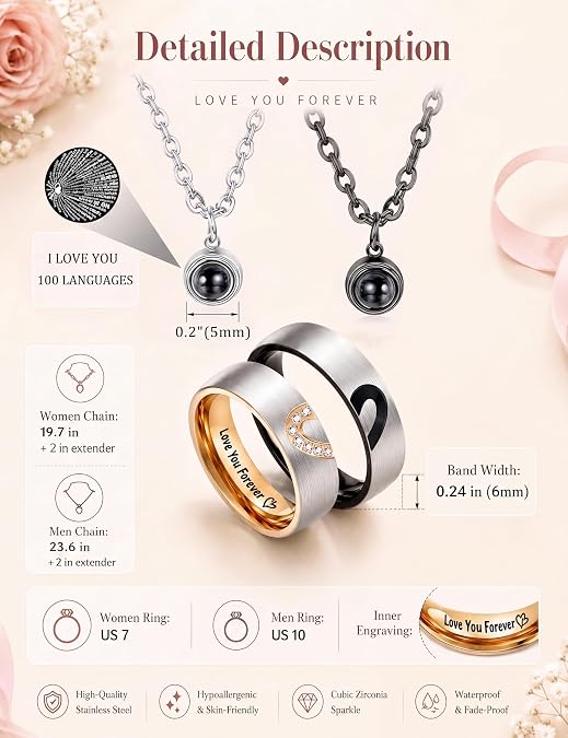 Matching Necklaces For Couples, Promise Rings Pendant Set for Him and Her