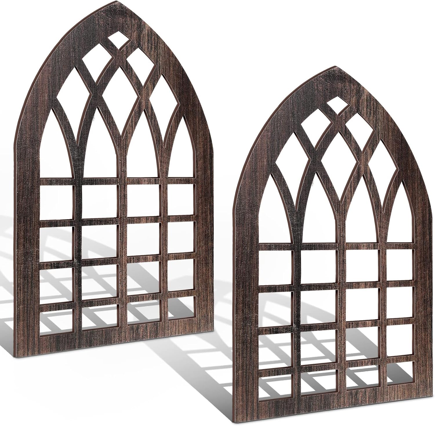 Yulejo 2-Pack Rustic Arched Wooden Window Frame Wall Decor 15.6x11 Farmhouse Fake Cathedral Window Vintage Art for Living Room Bedroom Entryway Dark Brown