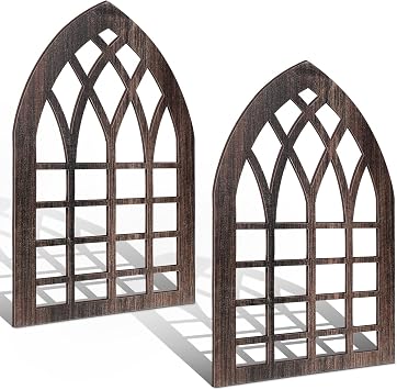 Yulejo 2 Pcs Rustic Window Frame Wall Decor Wooden Farmhouse Wall Decor 15.6 x 11 Arched Cathedral Window Home Decor Fake Window Pane Vintage Wall Art for Entryway Living Room Bedroom Dark Brown