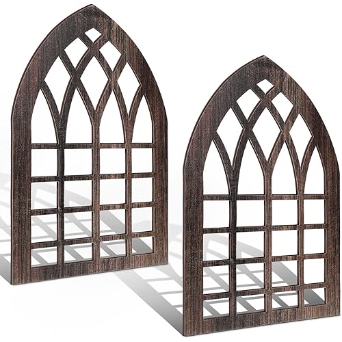 Yulejo 2 Pcs Rustic Window Frame Wall Decor Wooden Farmhouse Wall Decor 15.6'' x 11'' Arched Cathedral Window Home Decor Fake Window Pane Vintage Wall Art for Entryway Living Room Bedroom (Dark Brown)