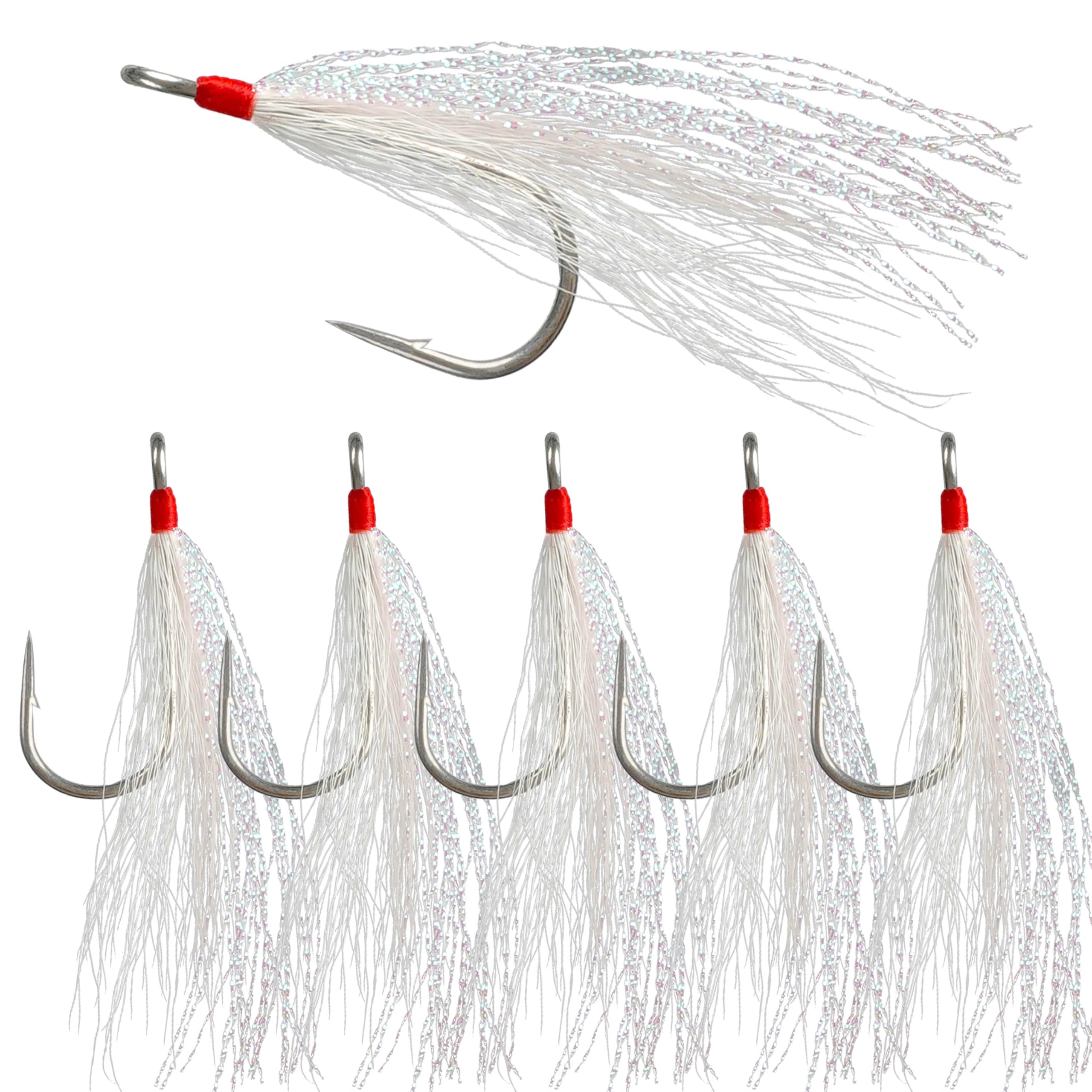 Fishing Bucktail Teasers Hooks Saltwater Flounder Rigs Bottom Rigs Stainless Steel Hook Bucktail Mylar Flash Teasers for Snapper Catfish Cod Flounder Hi-Lo Rigs White