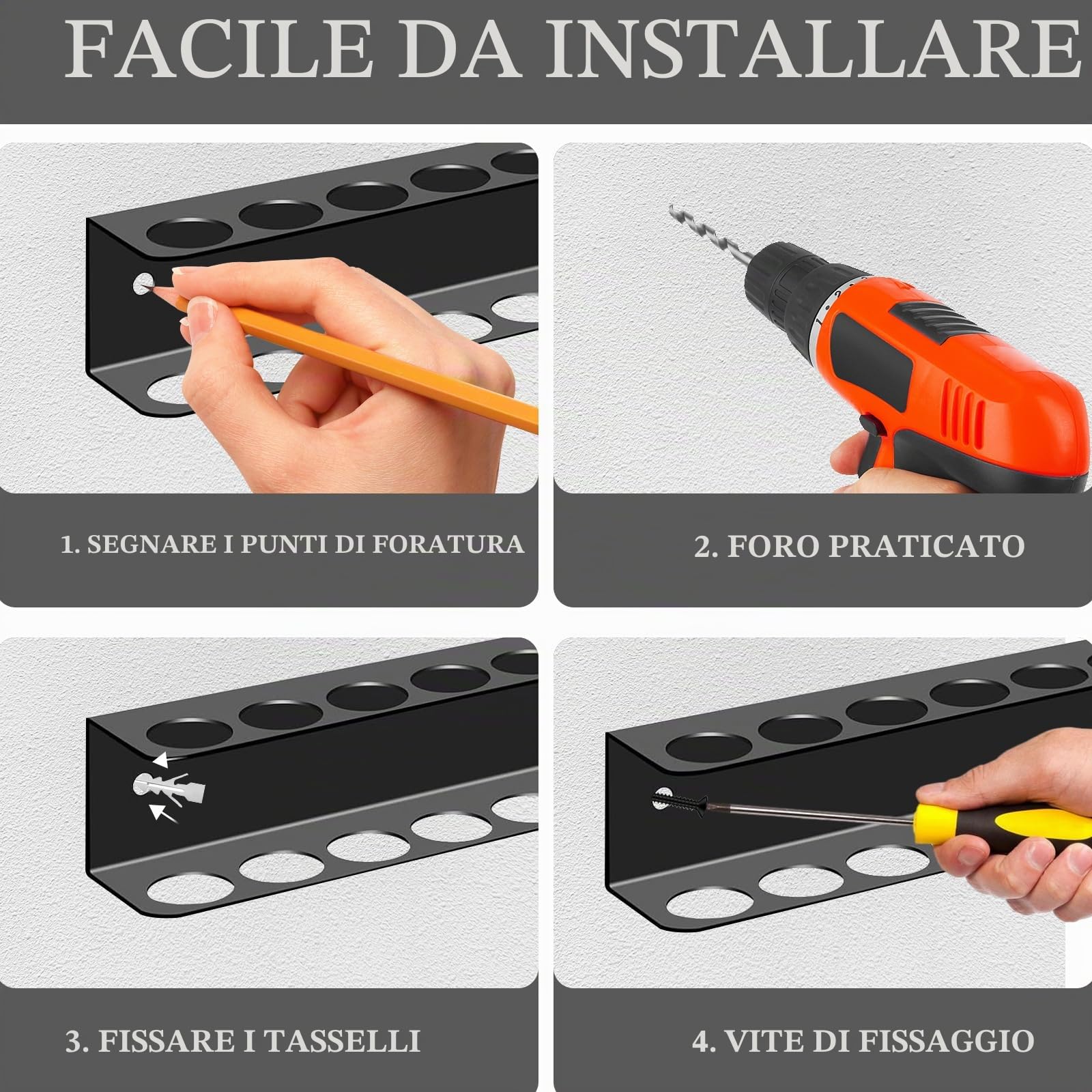 2 Pezzi Porta Utensili da Parete 40cm, Porta Cacciaviti e Porta Pinze con 14/18 Fori, Organizer da Parete con Viti e Tasselli, Supporto Utensili per Garage, Officina e Banco di Lavoro