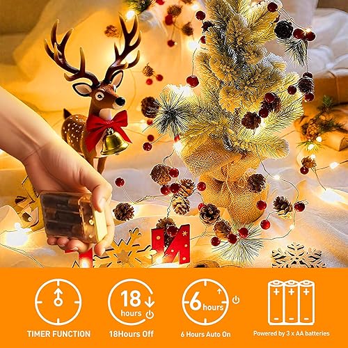 Miniatura 5 de Paquete de 2 guirnaldas de luces de piñas de Navidad, guirnalda de Navidad de 6.6 pies con luces, 20 luces LED funciona con pilas, guirnalda de