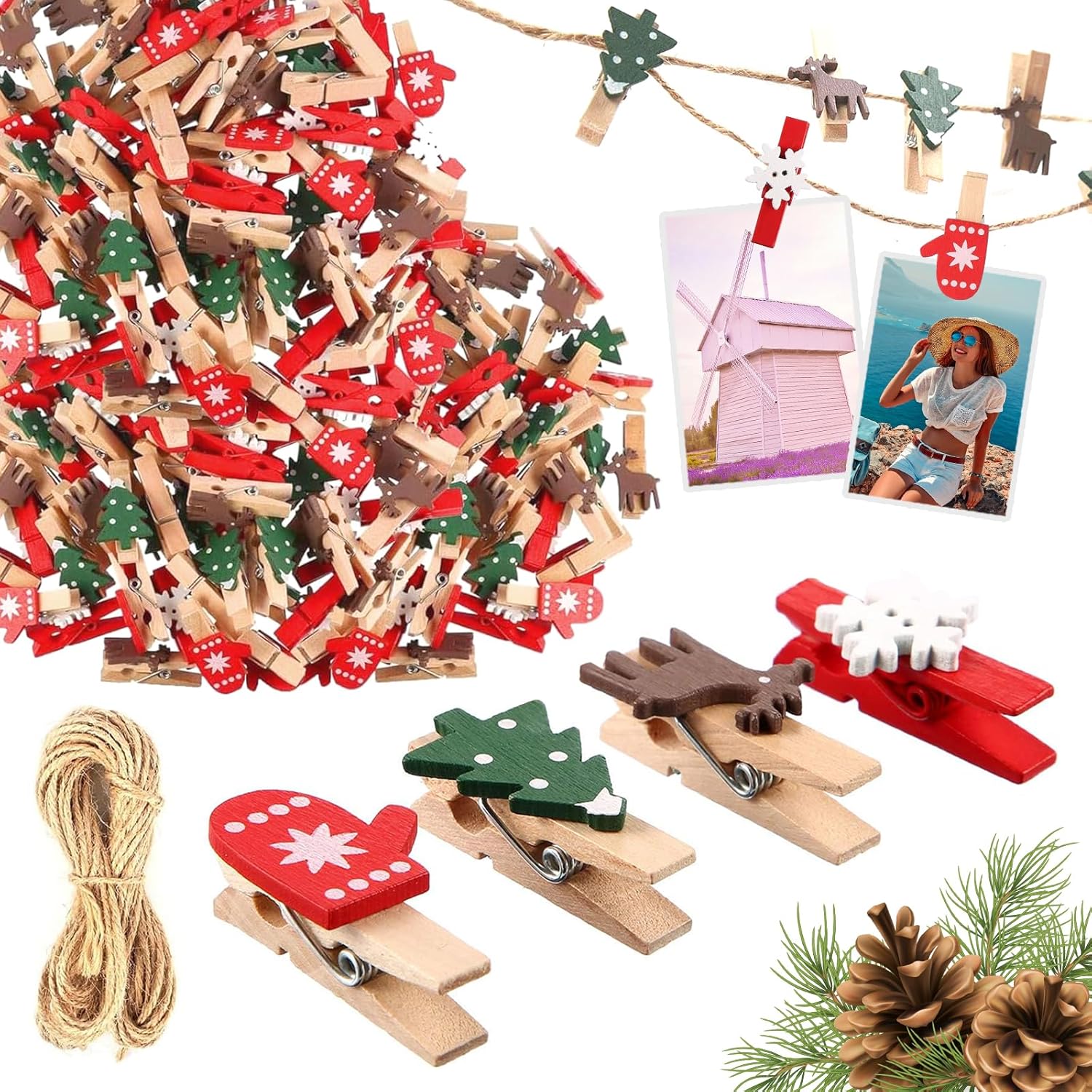 SPERMUOY Weihnachten Holz clips,100 Stück Weihnachten Klammern Holz