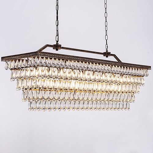 Wellmet Candelabro de cristal para comedor, candelabros rectangulares de bronce antiguo de 48 pulgadas, 9 luces de granja para mesa de billar,