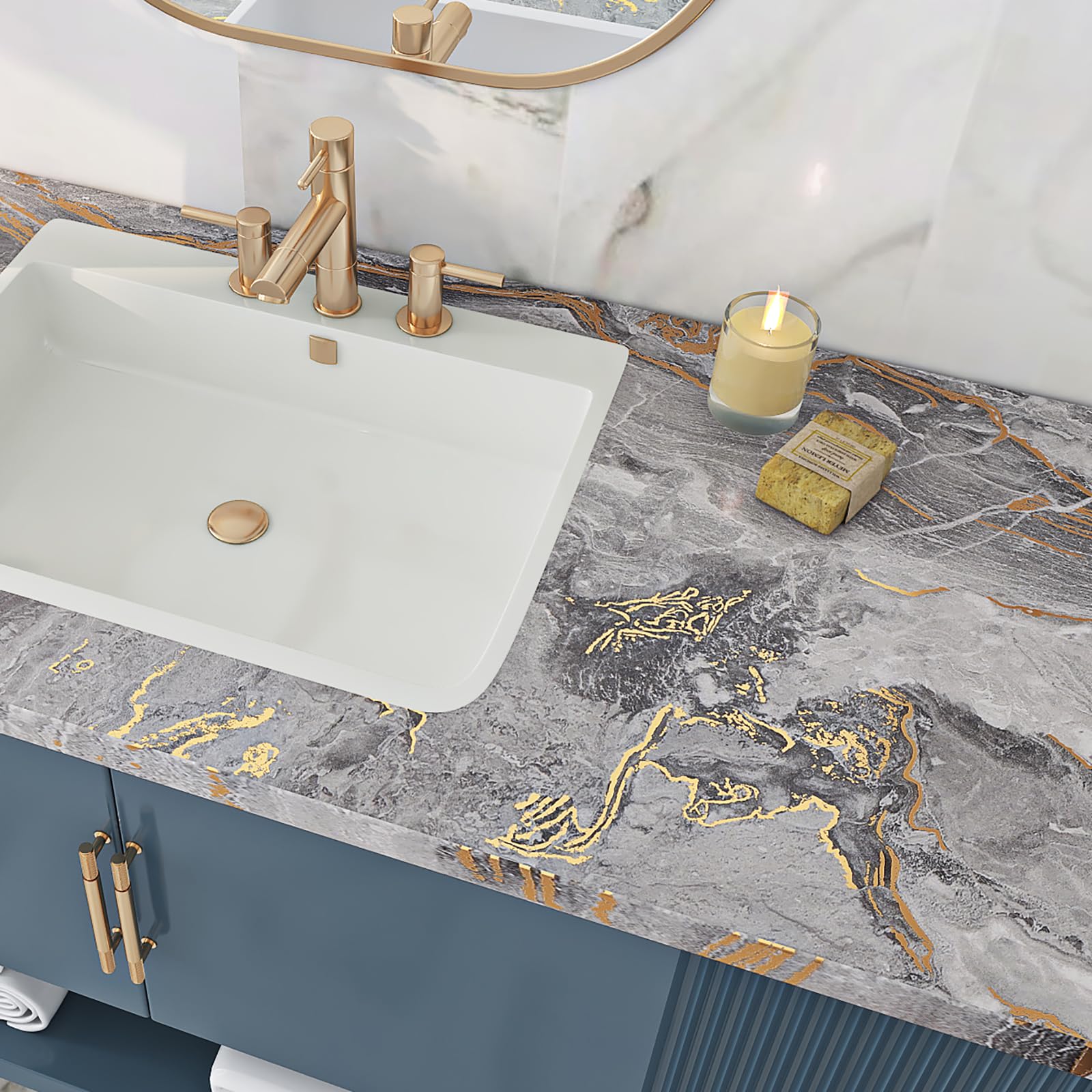 Livelynine Marmor Folie Selbstklebend Grau mit Vene Gold 500CM x 90CM Breit Marmor Tapete für Wand Grau Gold Wohnzimmer Schlafzimmer Abwaschbare Folie Arbeitsplatte Küche Badezimmer Klebefolie Küche