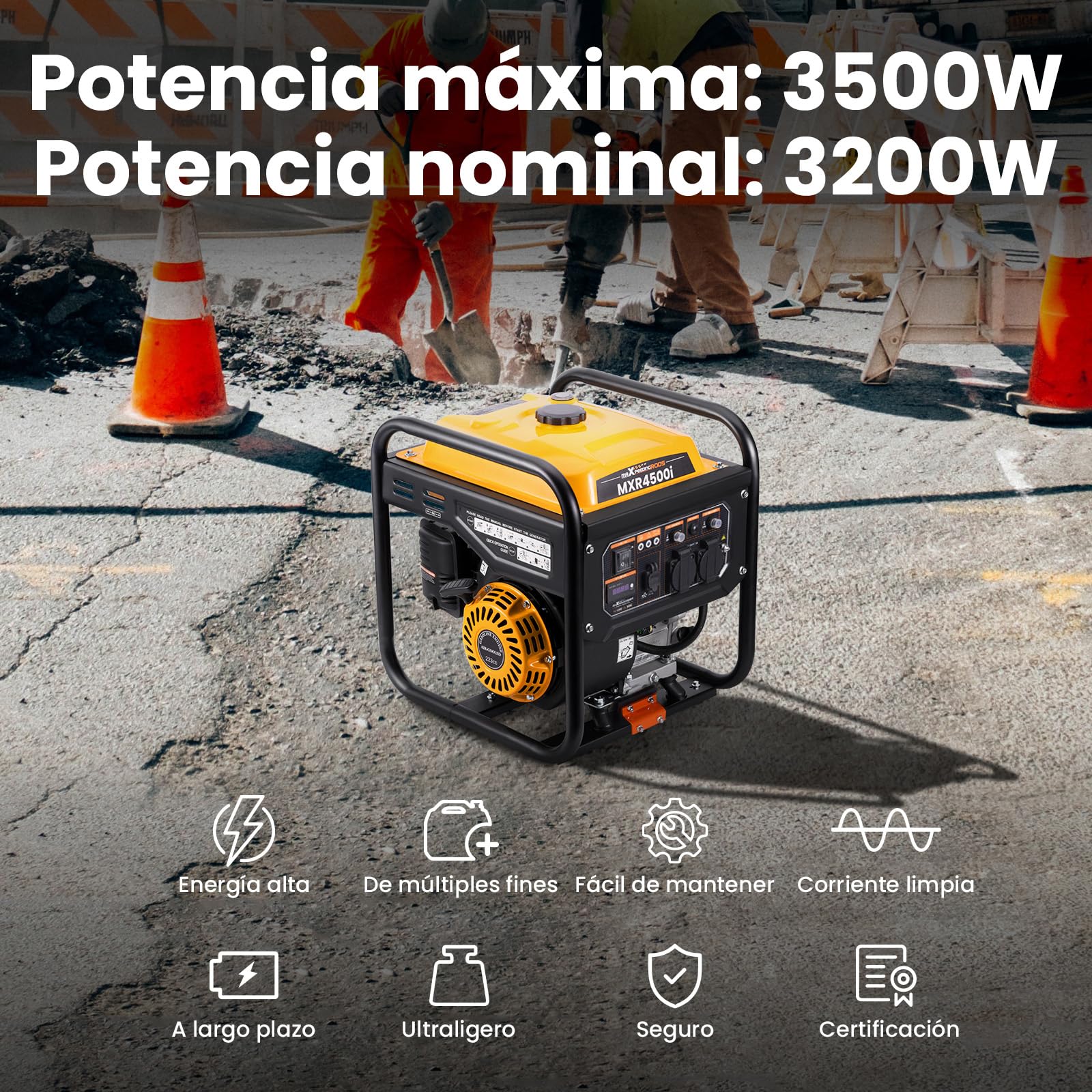 maXpeedingrods Inverter Generador Portátil 3500W Gasolina 4 tiempos | con 2 tomas de 230V, Estación de Energía Electrica Doméstico, Ligero para Camping Autocaravan Apagón Construcción