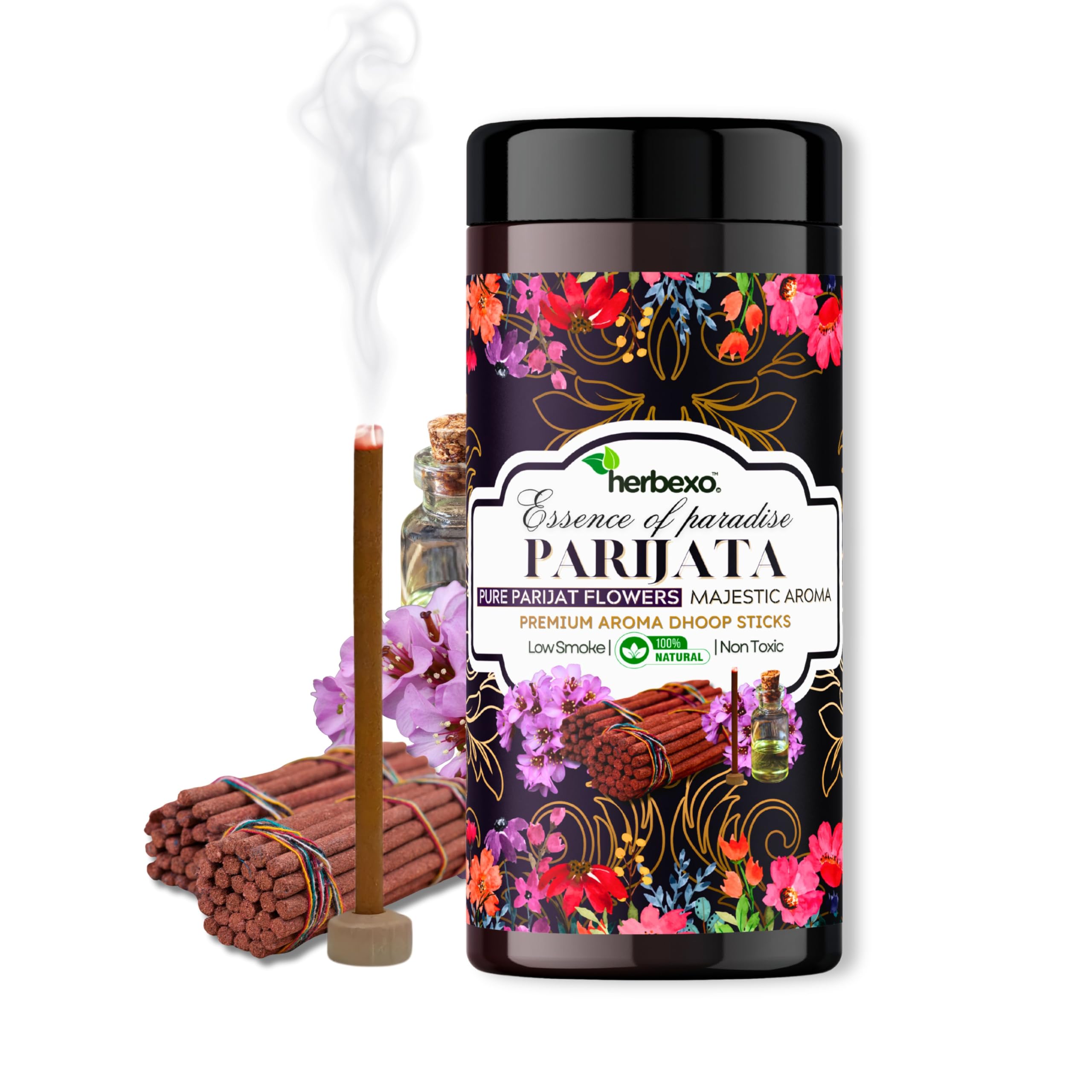 Herbexo Pure Parijat Attar Dhoop Sticks | Long Lasting Majestic Parijat Ittar Fragrances | 100% Natural, Charcoal Free, Non Toxic, Low Smoke, Bamboo Less Dhoop Sticks