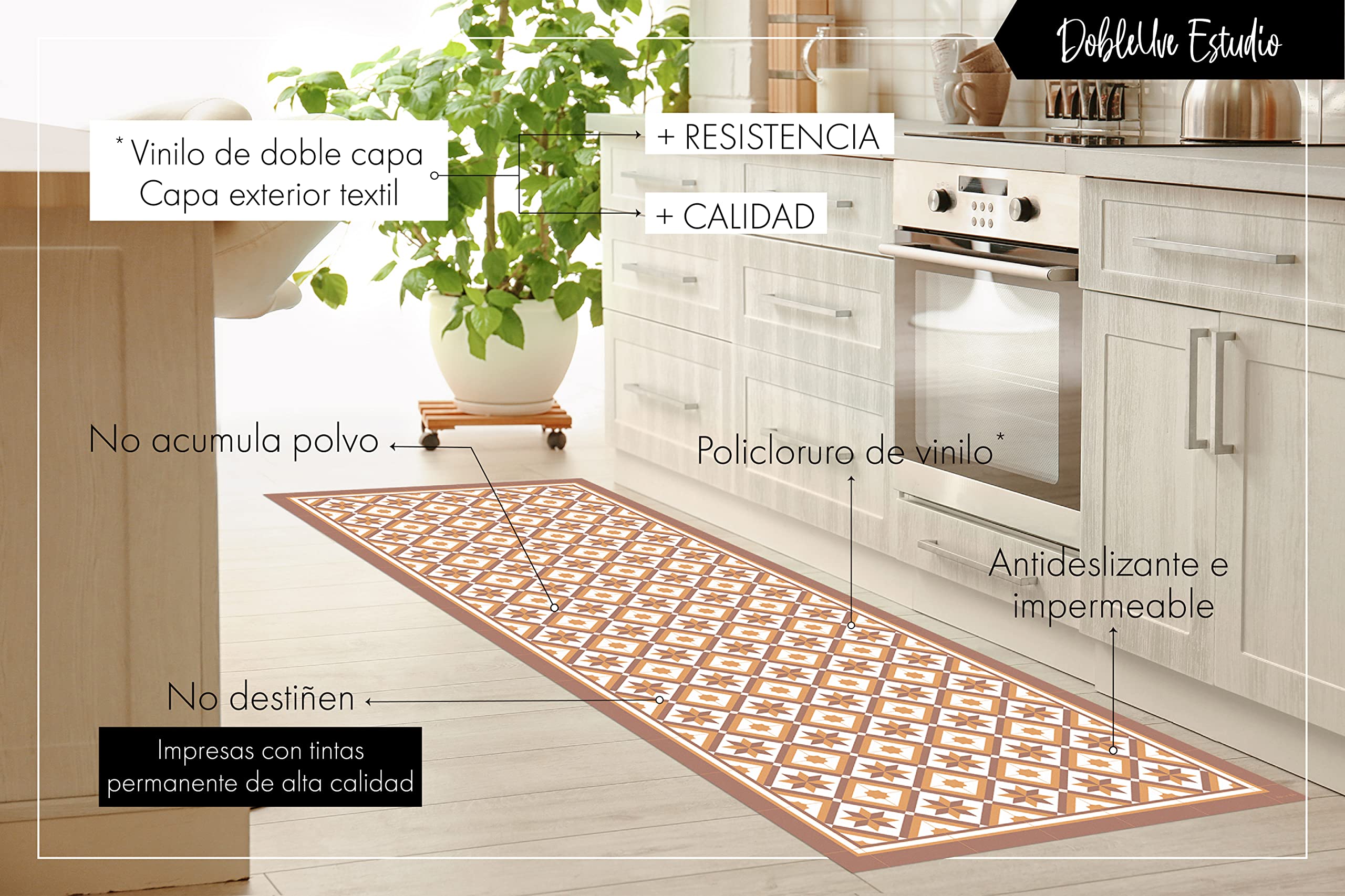 DobleUve Estudio Alfombra Vinílica Hidráulica 25 | Color Marrón | 65x200 cm | Alfombra Cocina Lavable Antideslizante | Alfombra Vinilica | Suelo Vinílico | Alfombra Vinilo Salón